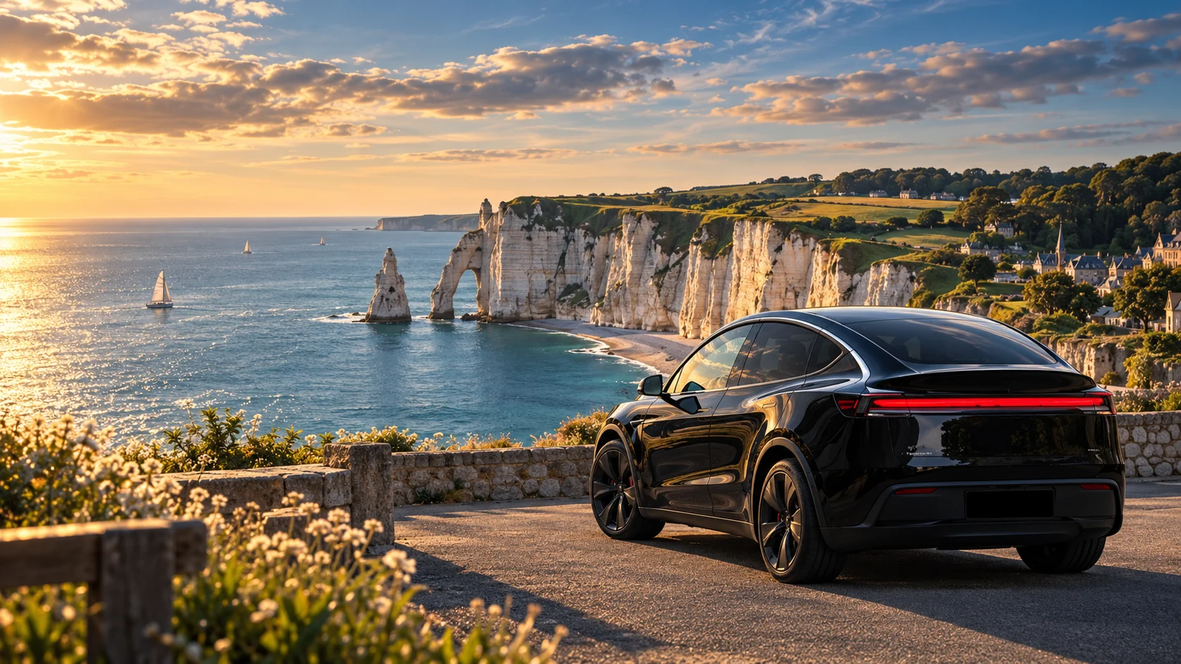 Private Tesla facing the cliffs of Étretat